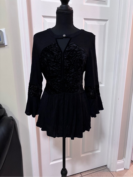 Hannah Tops - Hannah Womens Romantic Whimsigoth Black Top with Velvet Burnout Detail